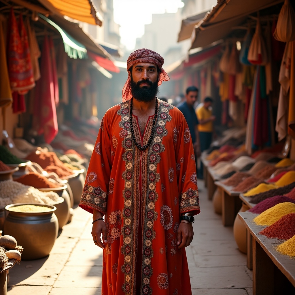 The image showcases a man named Badr al Maghribi standing proudly in a bustling Middle Eastern spice market. He is adorned in a traditional orange outfit with intricate designs, representing the vibrant culture of the region. The backdrop features colorful spices displayed in rustic containers, evoking a sense of warmth and tradition. Soft sunlight pierces through the market stalls, enhancing the picturesque atmosphere. This scene captures the essence of local trade, rich colors, and cultural significance.