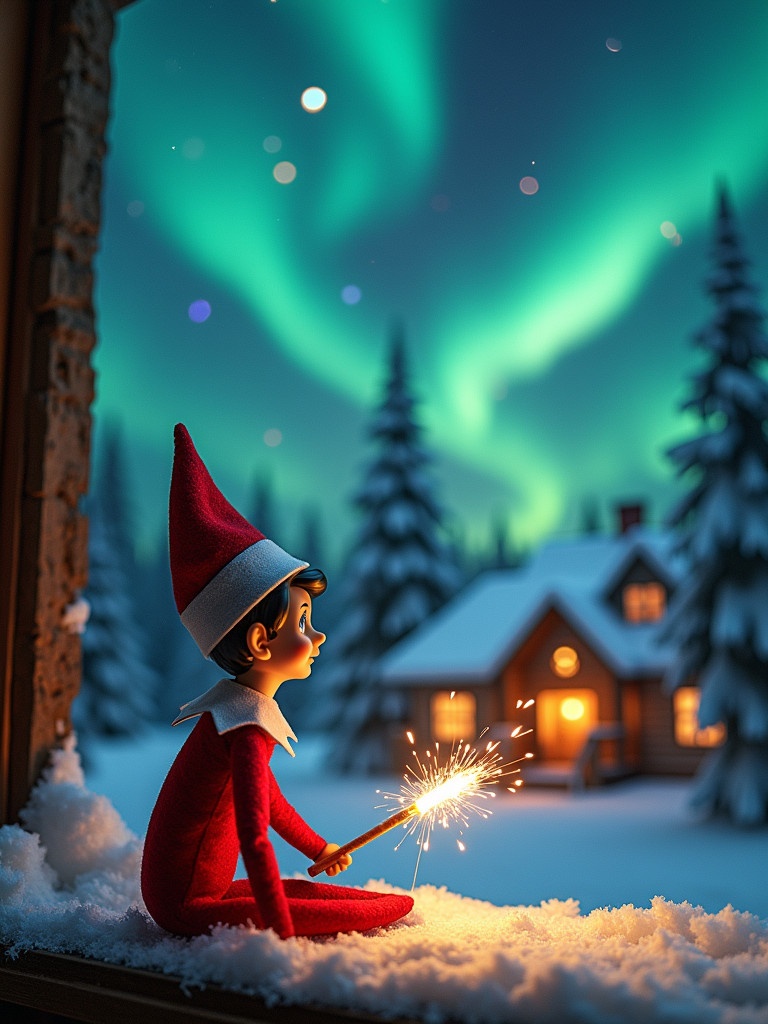 Elf on the Shelf gazes at colorful northern lights holding a glowing wand. Background features a cozy Christmas house. Snow covers the ground. Creates a magical feeling.