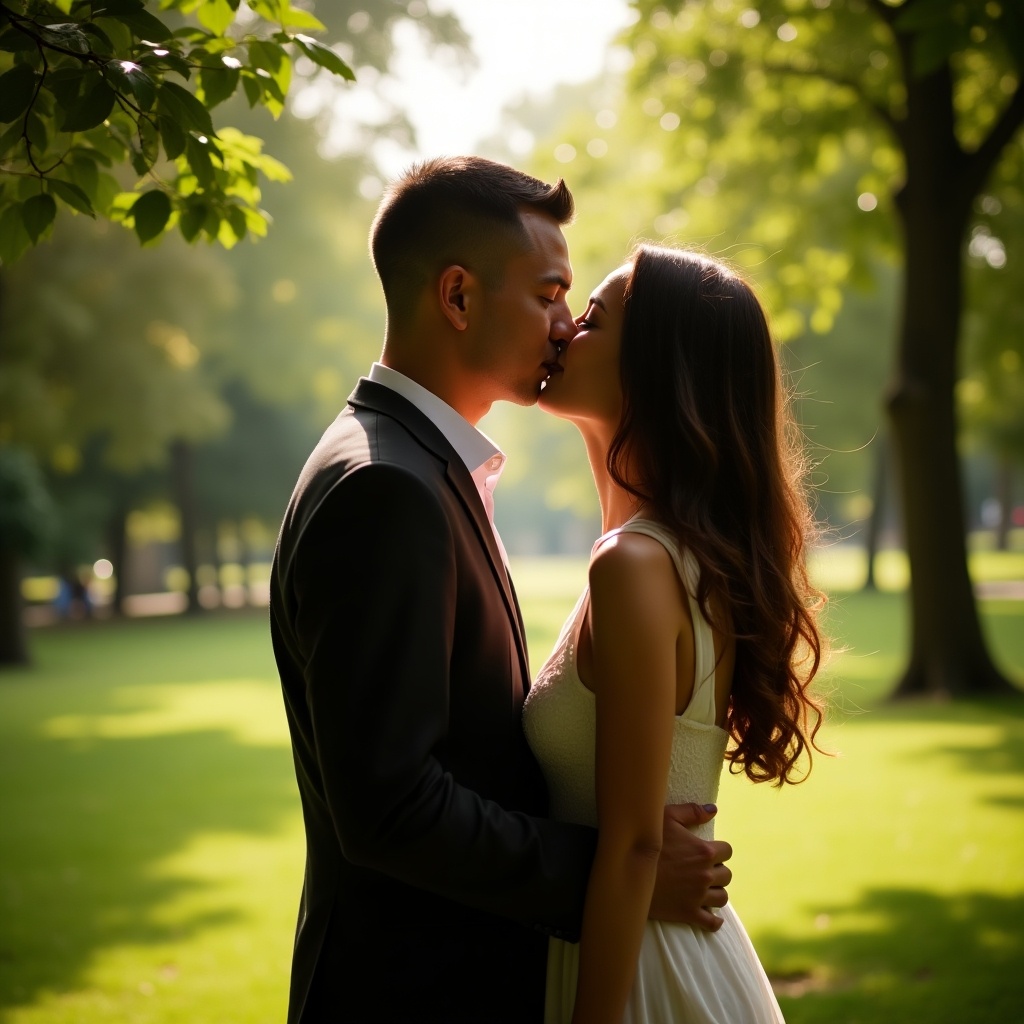 A couple shares a kiss in a lush green park during the day. The sunlight creates a soft and romantic atmosphere. The setting is tranquil and inviting.