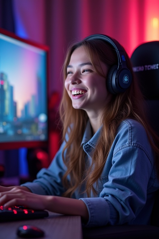 A young woman sits at her gaming desk. Colorful lights illuminate the room. She wears headphones. The gaming setup is modern. She appears engaged and joyful.