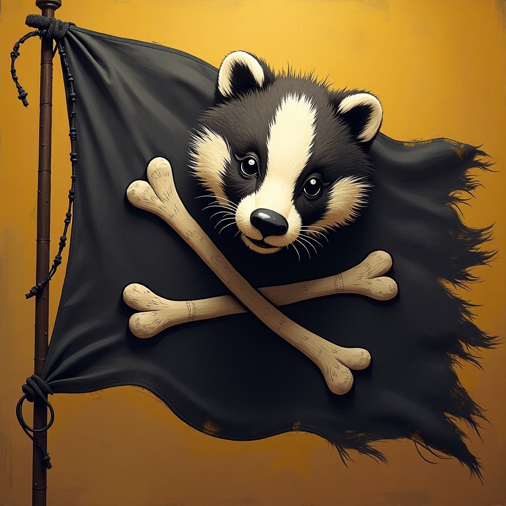 A flag featuring a honey badger's face. The design includes crossbones beneath the honey badger. The background is warm with tones of yellow.