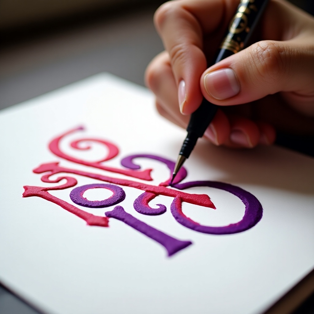 Image shows a person crafting Malayalam calligraphy. Bold ink in rich purple and red on white paper. Hand holding pen focuses on intricate details. Natural light enhances creativity in calligraphy.