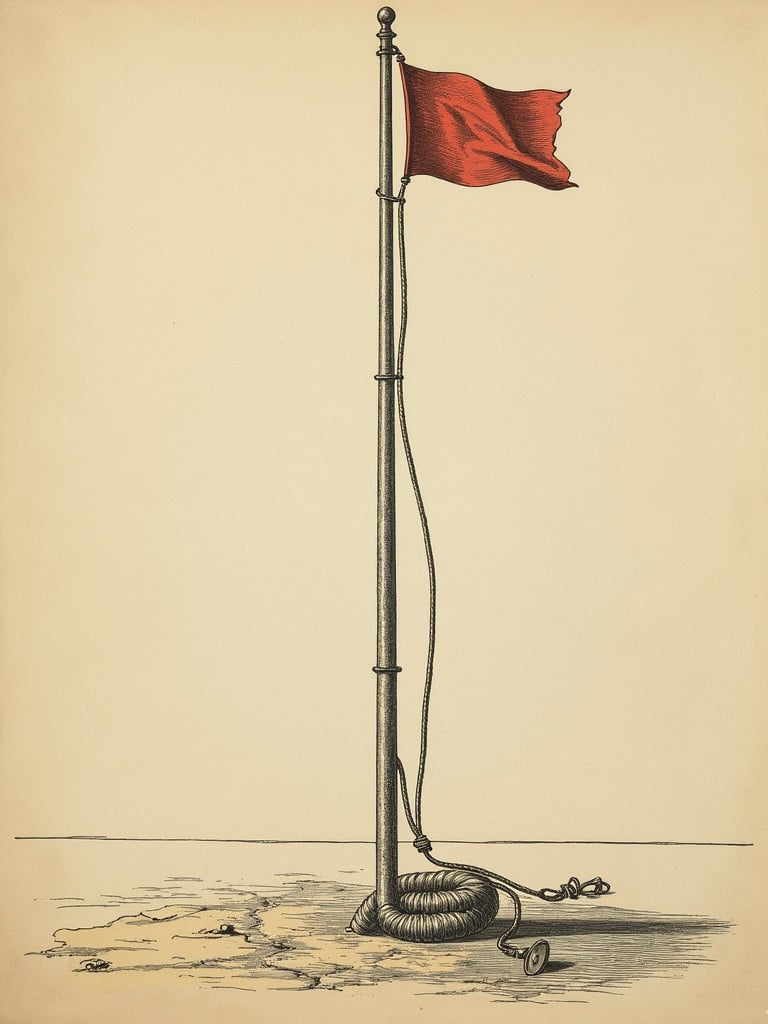 Visual depiction of a flagpole with a red flag. The pole stands vertically on the ground. Rope is coiled at the base of the pole. The angle between the rope and the ground illustrates Thales' Theorem.