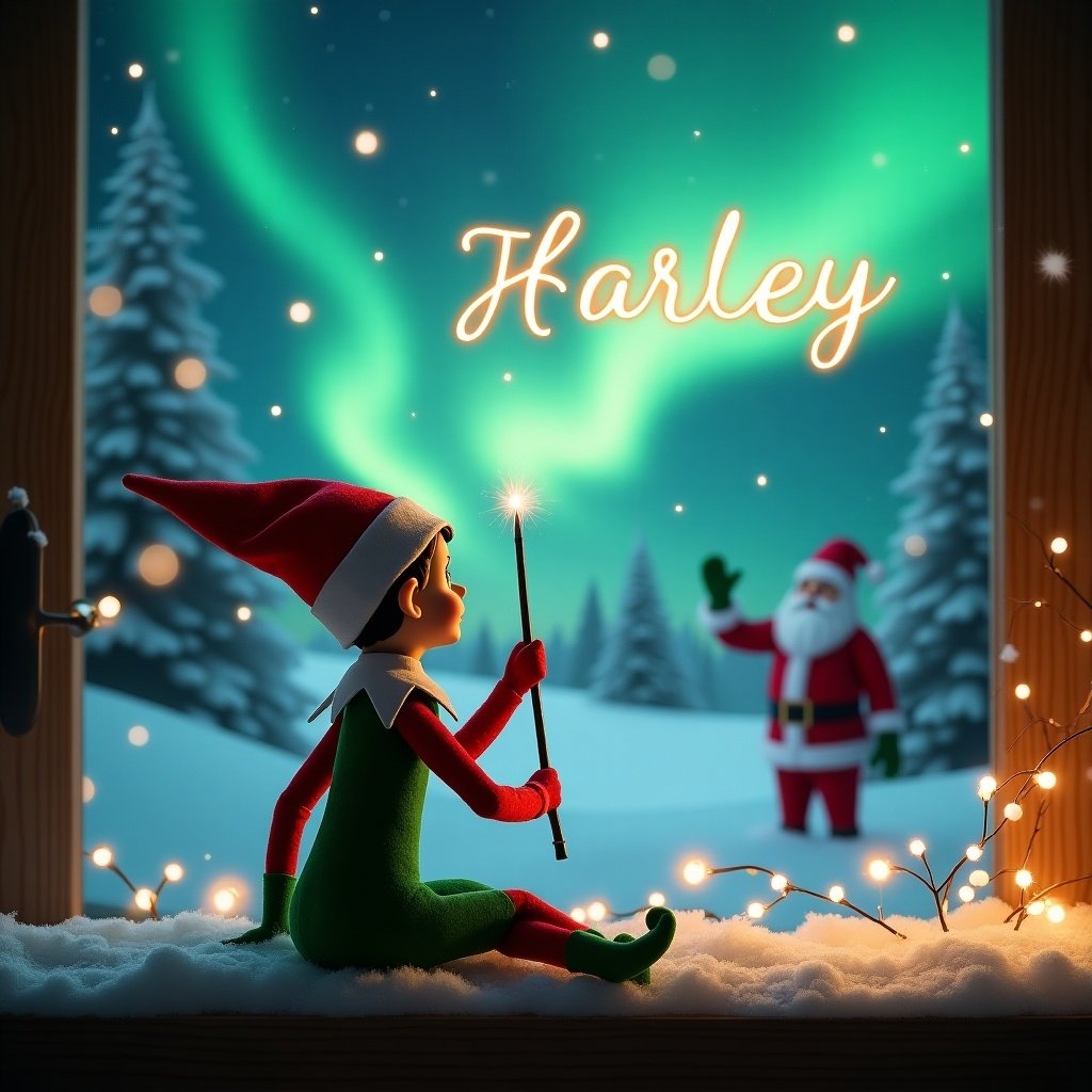 An elf on the shelf wears green and red. The elf sits facing away with a wand. The elf writes 'Harley' in the sky. A beautiful display of northern lights appears. Santa Claus is seen in the distance. The ground is covered in snow. This scene captures joy and wonder during Christmas.