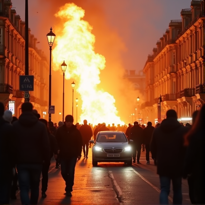 A large fire blazes in the middle of a bustling city street while people and a car pass by.