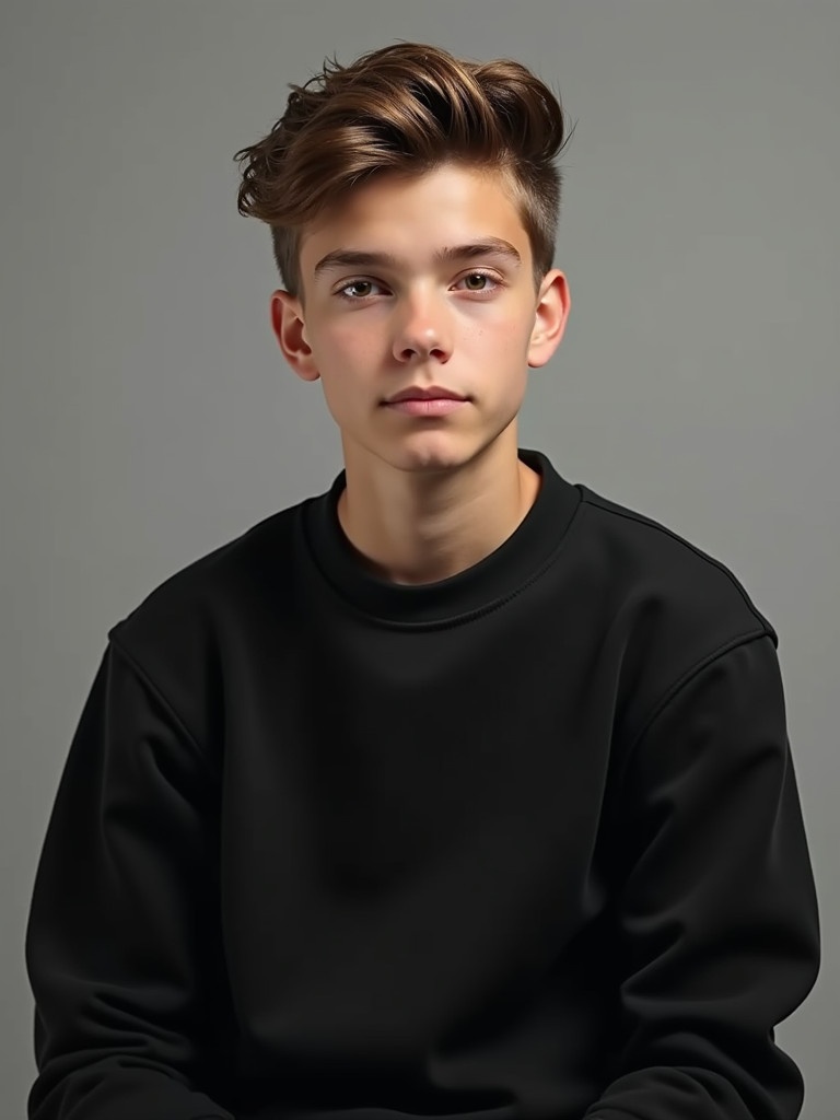 A young male model showcases a stylish look. He wears a black sweatshirt. His hair is styled attractively. The background is plain and neutral. The photo highlights his outfit and hairstyle. Soft lighting enhances the features of the model.