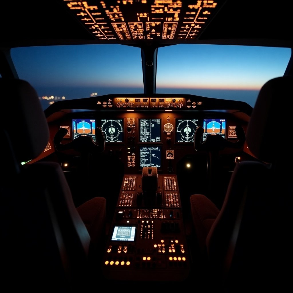 Interior view of an airplane cockpit. Digital flight instruments and controls are illuminated. Nighttime setting. Focus on the pilot's seats and instrument panel.