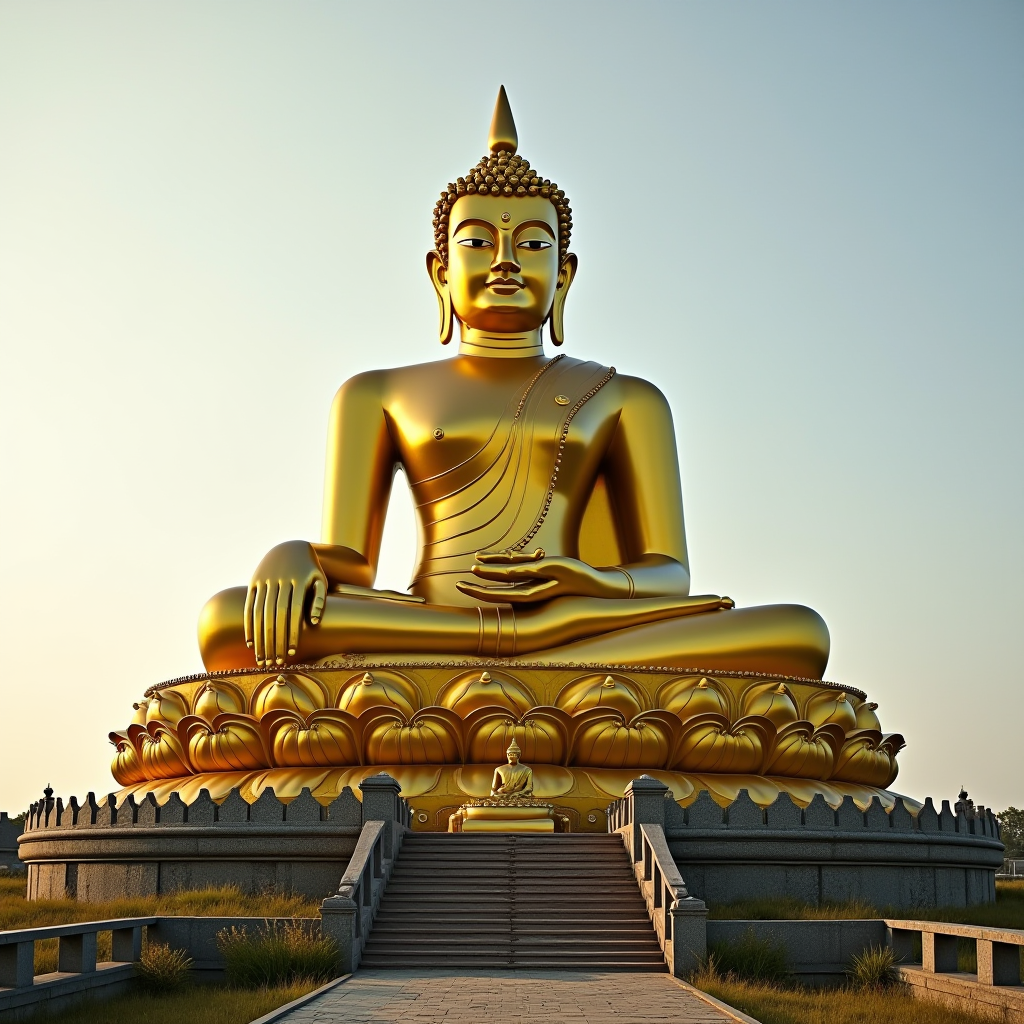 A large golden statue of Buddha sits majestically on a raised platform during sunset.