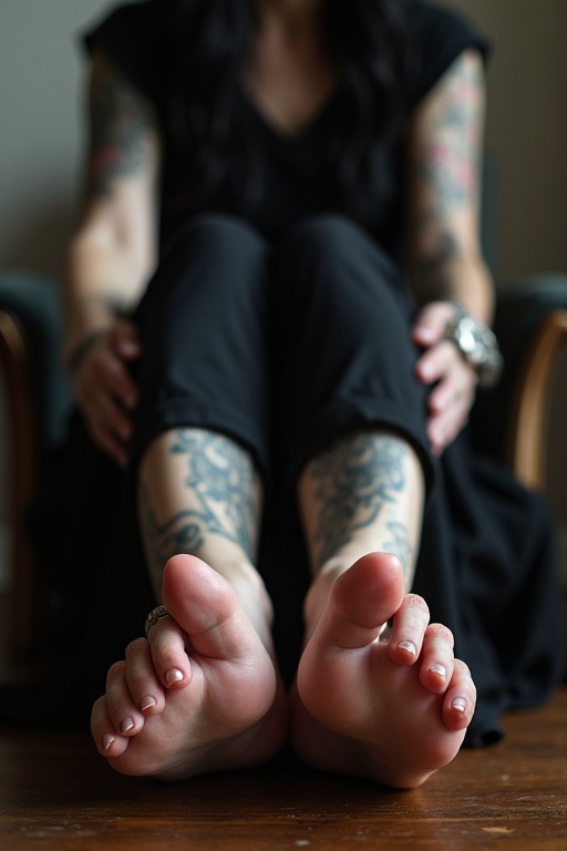 A mature goth woman with long black hair. Tattoos are visible on the soles of her bare feet. She is seated in a chair with her feet placed on a table. No toenails are visible. The image captures her sitting position and tattoo designs clearly.