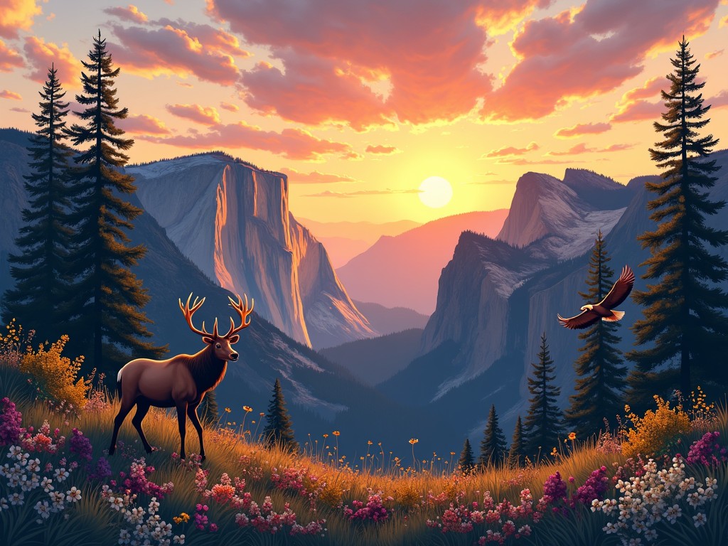 This image beautifully captures a serene wilderness scene at sunset. A majestic deer stands amidst vibrant wildflowers on a hill, with a backdrop of towering mountains and a golden sky. An eagle soars gracefully, enhancing the sense of freedom and tranquility in nature.