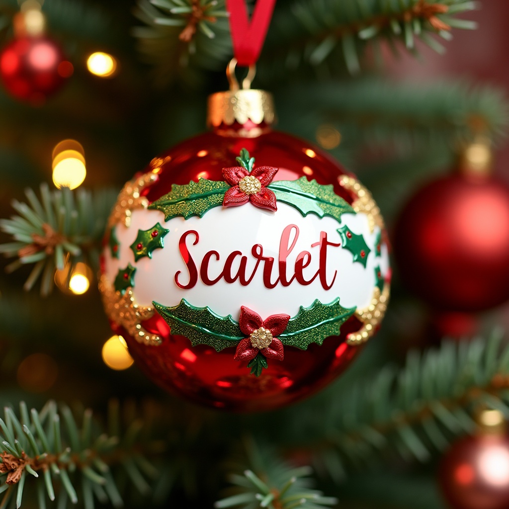 Close-up image of a Christmas bauble. Bauble features the name 'Scarlet'. It is red and white with gold accents and holly designs. Hanging on a Christmas tree. Soft warm lighting surrounds the bauble. Captures holiday spirit and personalization. Details are prominent against the tree foliage.