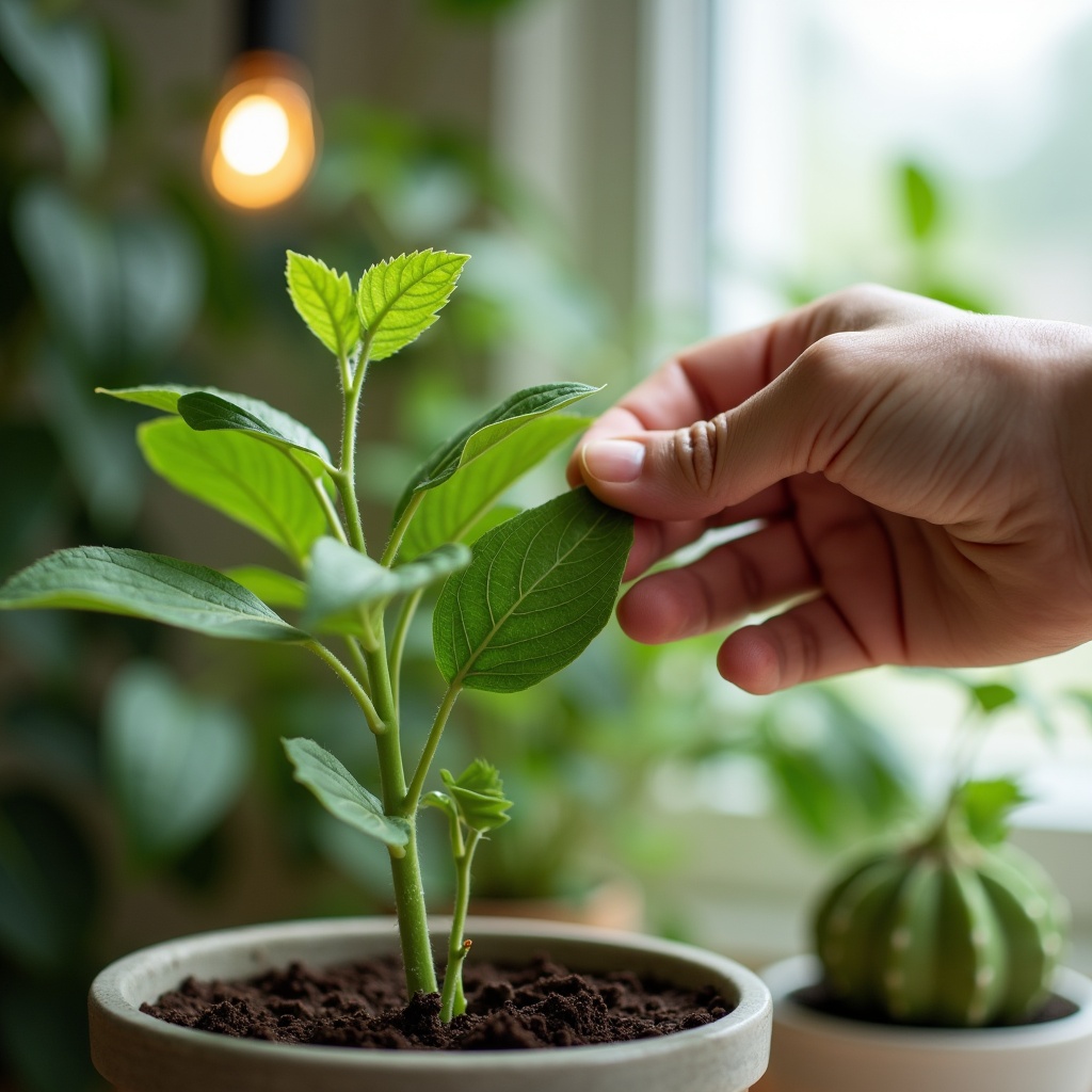 a hand gently touching the leaf of a potted plant in soft lighting near a window