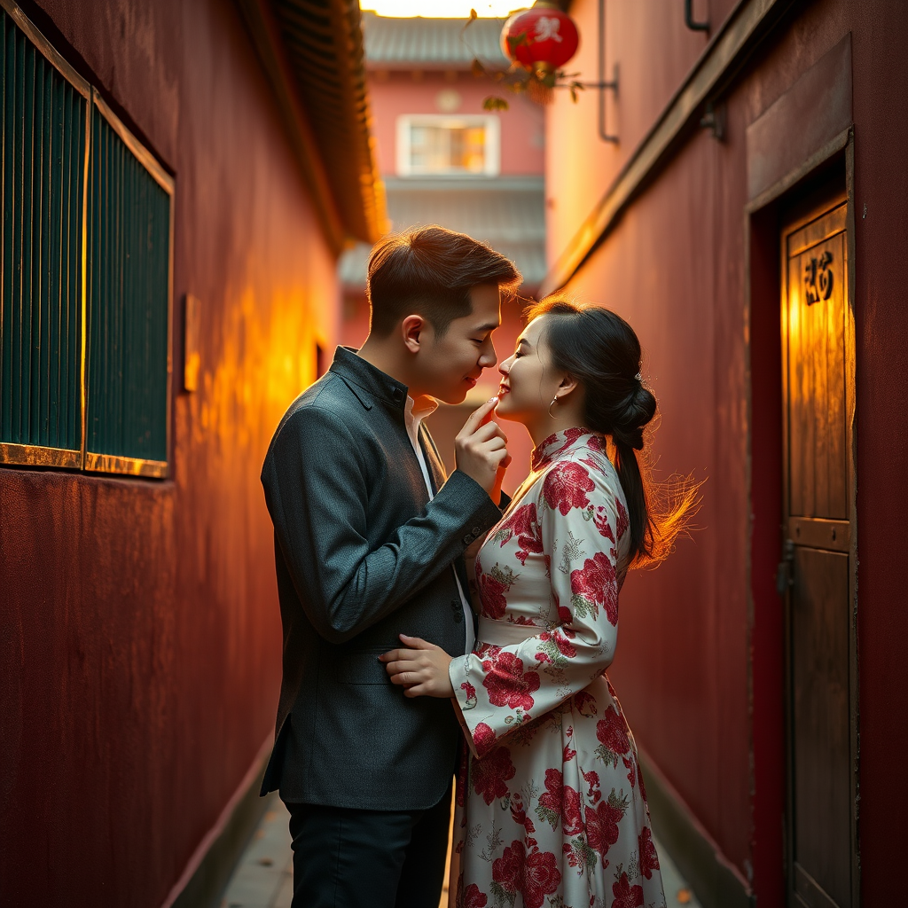 A couple in a narrow alley embraces tenderly against the backdrop of warm, ambient evening light.