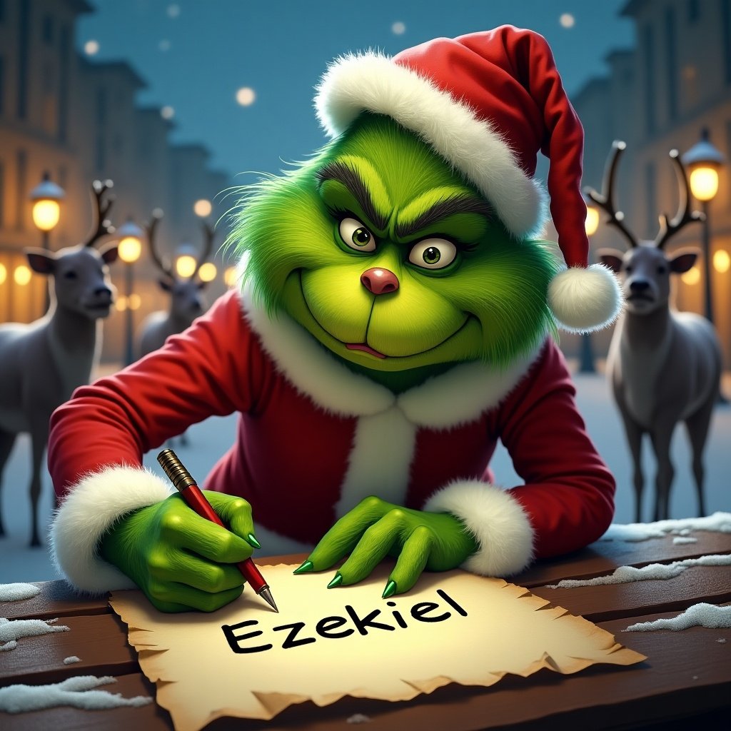 A green furry character in a Santa suit writes Ezekiel on parchment. Reindeer and streetlights are visible in the scene. Snow gently falls around.