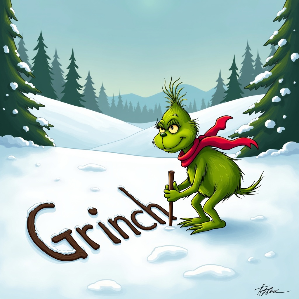 Grinch writing his name in snow with a stick. Scene has snow-covered hills and evergreen trees. Grinch is green wearing a red scarf.