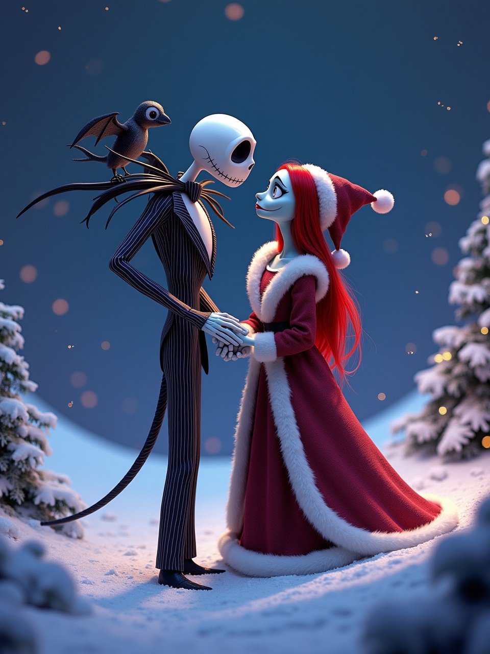 Jack Skellington and Sally from The Nightmare Before Christmas in a snowy landscape. Jack wearing a Santa suit with a bat birdie, Sally in a Mama Claus dress. They hold hands, looking at each other lovingly. Snowy background, clear night sky, festive decorations.