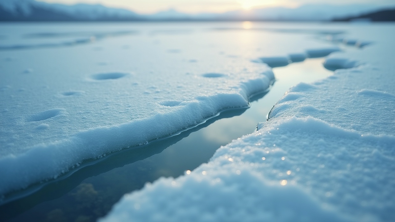 This image captures a cinematic close-up shot of a delicate ice surface on a river. The thin ice reveals stunning textures and details, with hints of blue water peeking through. The atmosphere is illuminated by soft natural light, creating a serene winter scene. Elements of film color correction enhance the visual appeal, providing a tranquil yet striking appearance. This picturesque shot evokes a sense of calmness and beauty in nature's frozen landscapes.