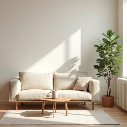 A minimalist living room features a beige sofa with a small wooden coffee table. A potted plant stands beside a radiator. The scene is brightened by natural light.