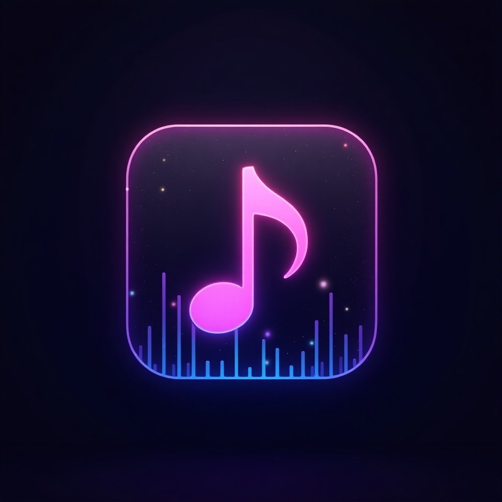 Icon designed for a music application. The design features a prominent music note in the center. Background displays a colorful gradient with glowing effects.