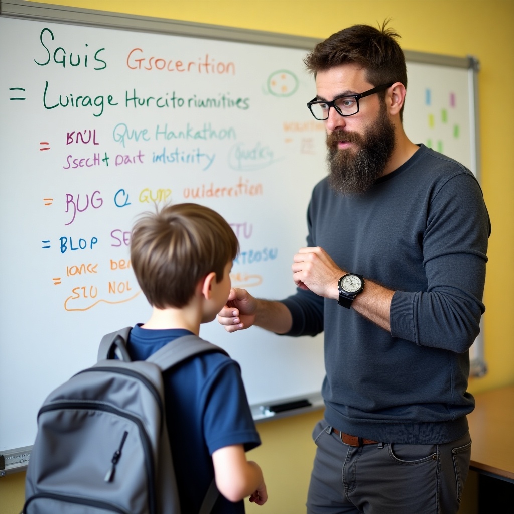 In a vibrant classroom, a compassionate teacher with glasses and a beard is engaged in a discussion with a young student who has a backpack. The teacher is gesturing towards a colorful whiteboard filled with various writings and drawings. The environment is bright and inviting, suggesting a focus on education and learning. The student seems curious and attentive, indicating an engaging teaching moment. The classroom is well-lit, enhancing the overall positive atmosphere of the scene.