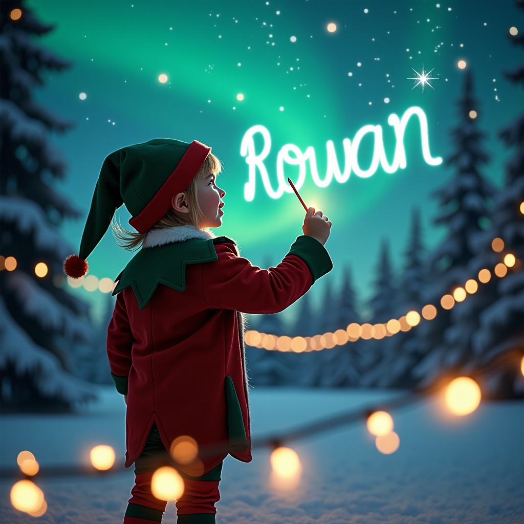 A magical scene depicting a child dressed as an elf with their back turned towards the viewer. The child gazes up at a starry sky using a wand to write the name ‘Rowan’ in sparkling letters. Surrounding this enchanting act is a beautiful winter landscape, complete with snow-covered trees. Above, the northern lights dance in shades of green and blue, creating a festive atmosphere. In the foreground, warm twinkling lights add to the cozy mood of the scene, making it perfect for the holiday season.