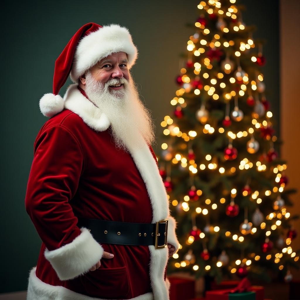 Christmas tree with Santa Claus standing in front of it. A festive setting during the holiday season enhances the joyful atmosphere.