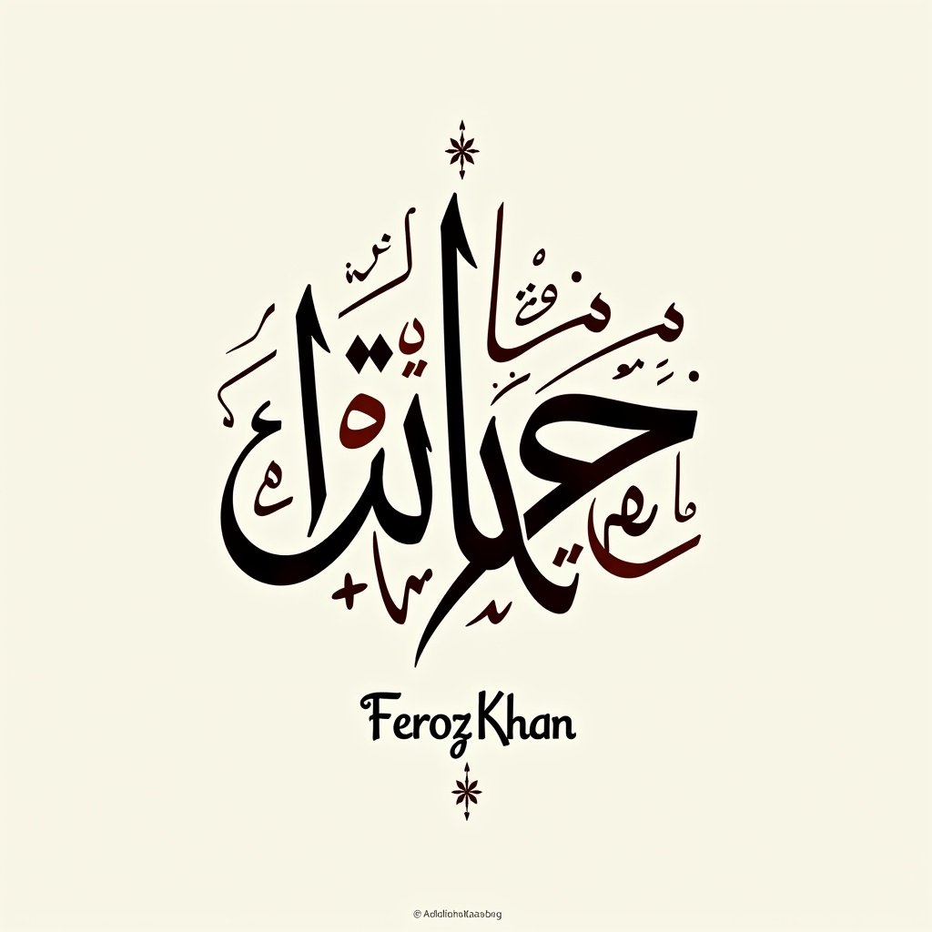 Arabic calligraphy design. Features the word 'Feroz Khan' in Diwani Jali script. Elegant layout with artistic flair.