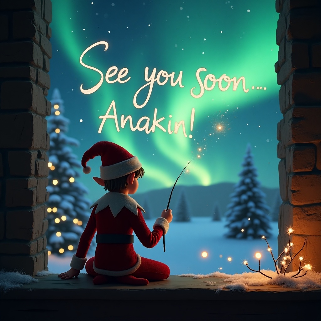 An enchanting Christmas scene features an elf sitting on a windowsill, gazing out at a breathtaking sky adorned with northern lights. With his back to the viewer, the elf uses a wand to delicately write the words 'See you soon... Anakin!' into the sky. Surrounding the elf are snow-covered trees that twinkle with holiday lights, creating a warm and festive atmosphere. The scene captures the magic of the holiday season, inviting the viewer into a world filled with wonder and anticipation. Santa Claus can be subtly seen in the background, adding to the festive charm.