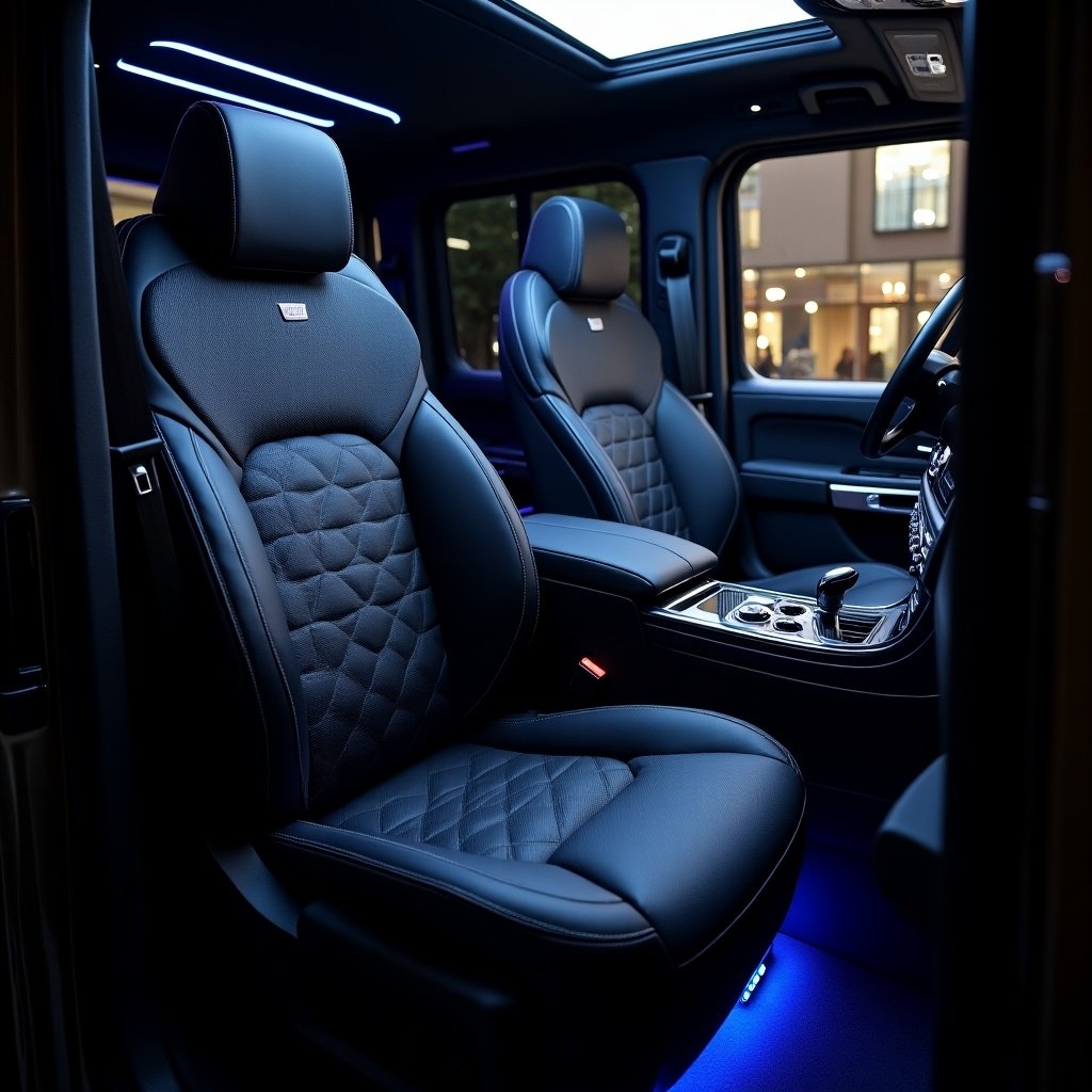 Realistic interior of 2023 Mercedes G63. Black leather seats with supreme stitching. Blue ambient lights inside the vehicle.