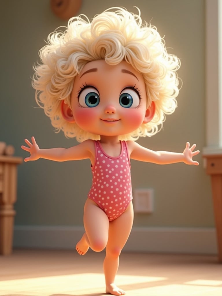 A little girl in a pink polka dot swimsuit doing gymnastics. She has platinum blonde curly hair. She embodies energy and joy while performing balancing poses.