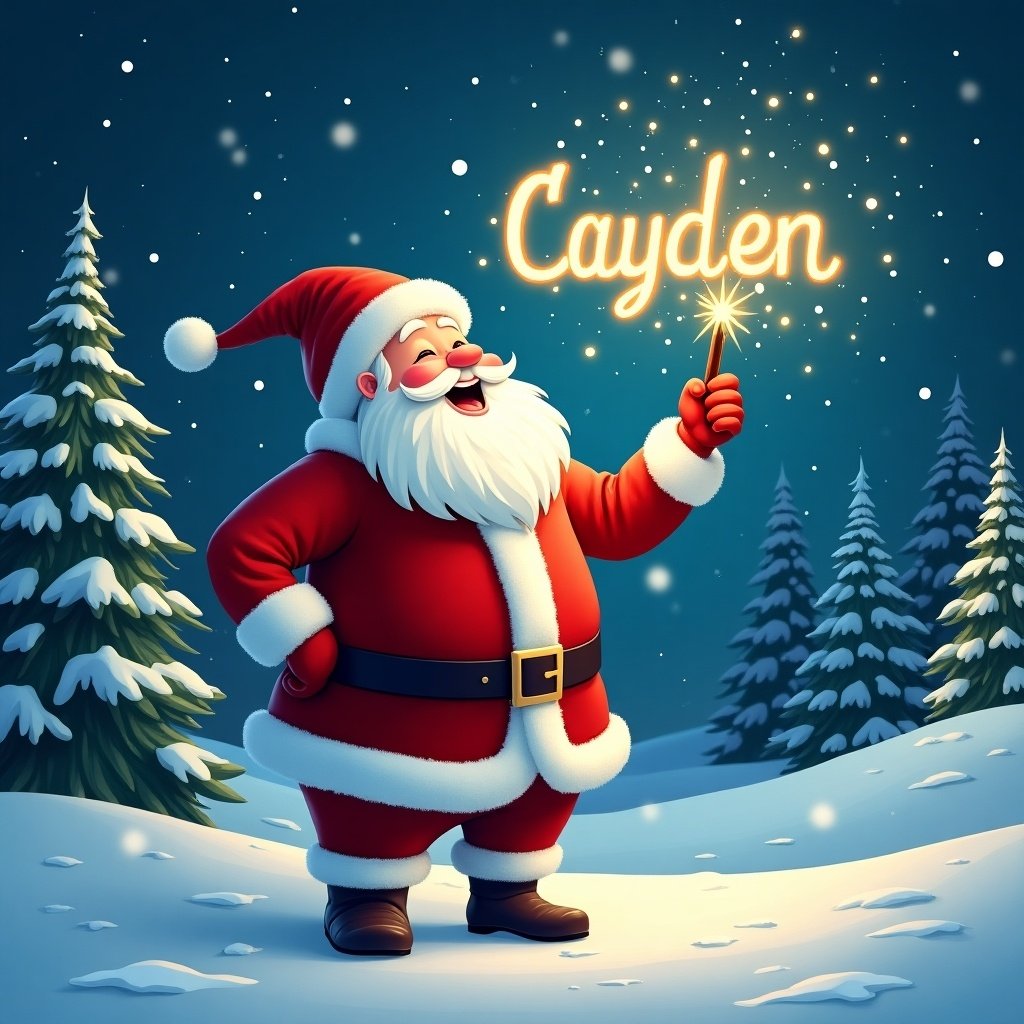 Santa Claus in a snowy landscape with a magical wand shining sparkles. He wears a red suit with white fur trim and a hat. Santa's happy expression twinkles as he writes names in the sky. Behind him, evergreen trees and a starry night create a festive atmosphere. The name in the sky is Cayden.