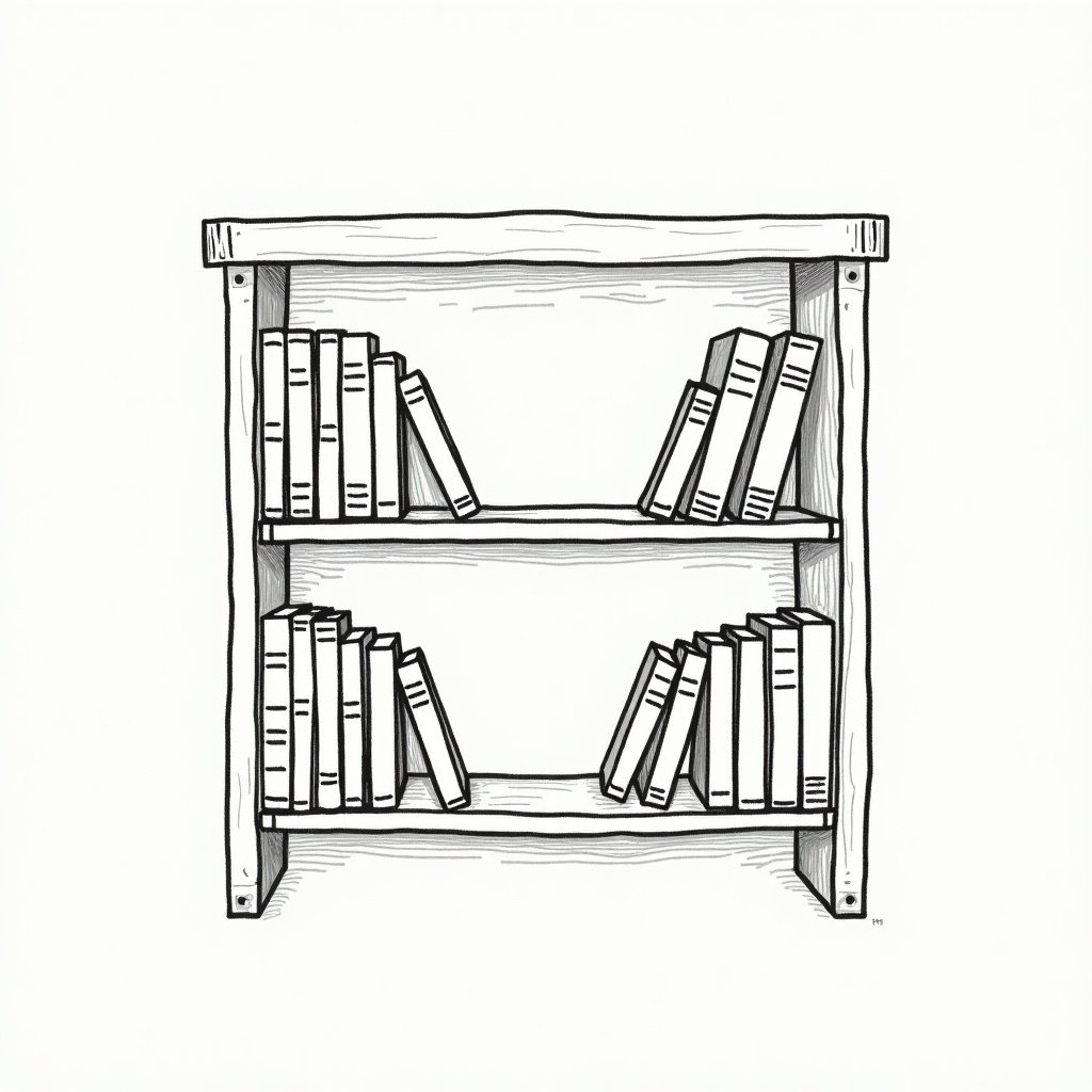 Simple drawing of a bookshelf displaying nine books neatly arranged. The design features two shelves. Books have visible spines. Illustration style is minimalist and monochrome.