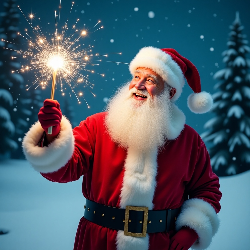 Jolly Santa Claus in a snowy landscape holding a magical wand that shines with sparkles. He wears a red suit with white fur trim and a matching hat. Santa's eyes twinkle with joy as he appears to be writing names in the sky. Behind him is a snowy scene with evergreen trees and a starry night sky. The atmosphere is festive and magical.