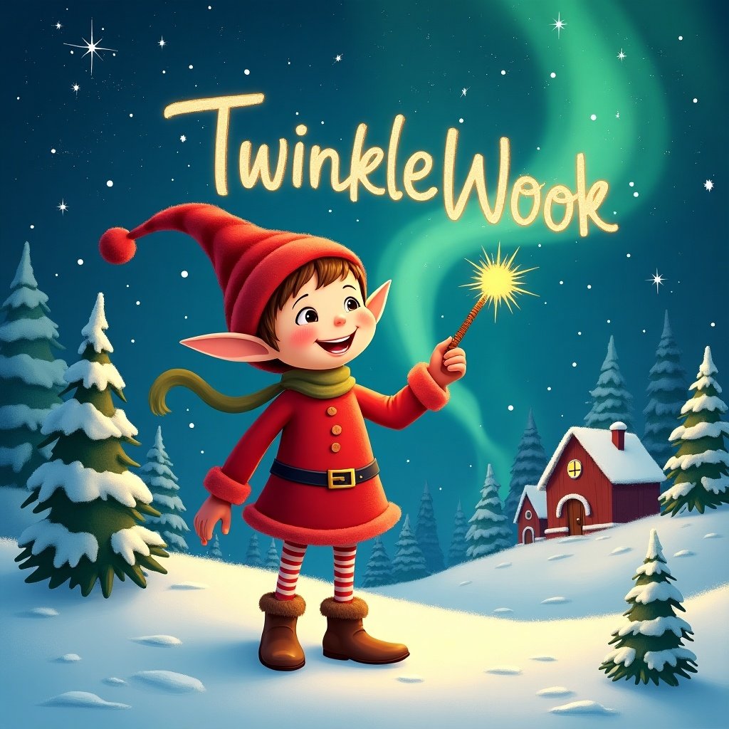 Elf dressed in red outfit holds a wand. Sparks light up the sky. TwinkleWook written in the stars. Snowy landscape with charming houses and evergreen trees. Shimmering Northern Lights in the background.