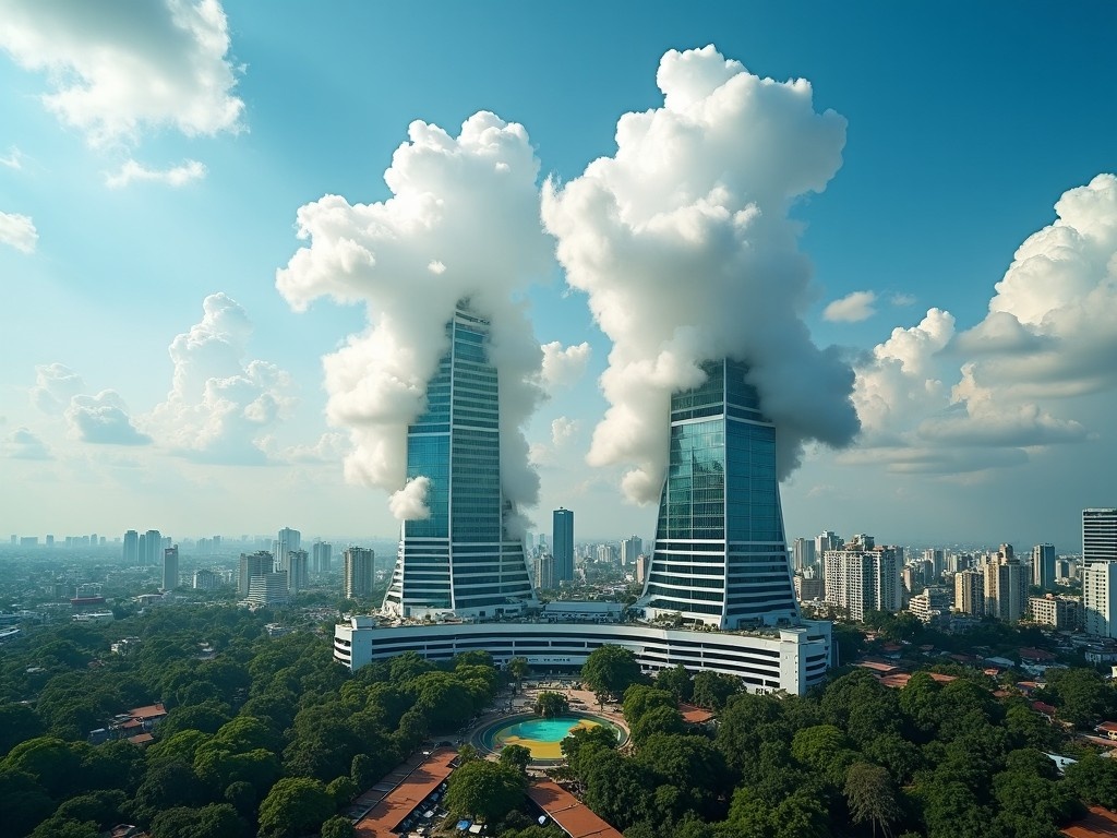 The image features a panoramic view of Colombo, Sri Lanka, highlighting the World Trade Center twin towers standing proudly in the distance. The towers are side by side, resembling the number '11', symbolizing unity and progress. Above them, dramatic cloud formations are artistically crafted to mimic a dynamic microphone, suggesting energy and a bright future ahead. The skyline is filled with urban buildings, creating a vibrant city atmosphere. Lush greenery surrounds the area, enhancing the beauty of the scene and inviting viewers to appreciate this unique urban landscape.