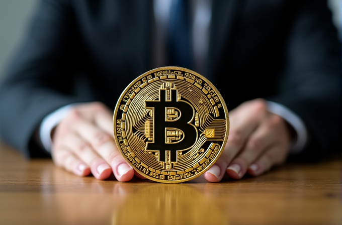 A person in a suit holds a large, golden Bitcoin symbol on a wooden table.