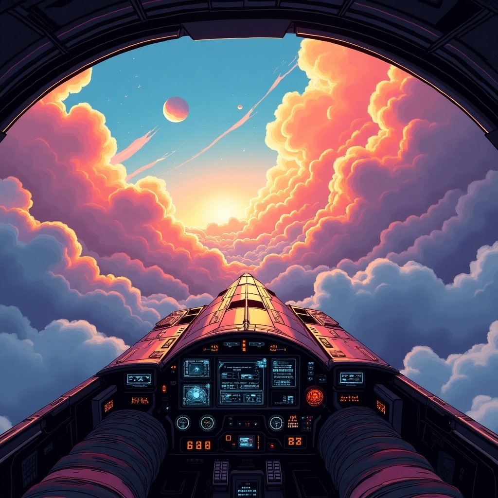 First-person cockpit view in a spaceship navigating through colorful clouds. Shades of blue, orange, purple, and pink fill the scene. HUD displays diagnostic data. A dramatic, ever-changing stormy atmosphere with sunlight breaking through.