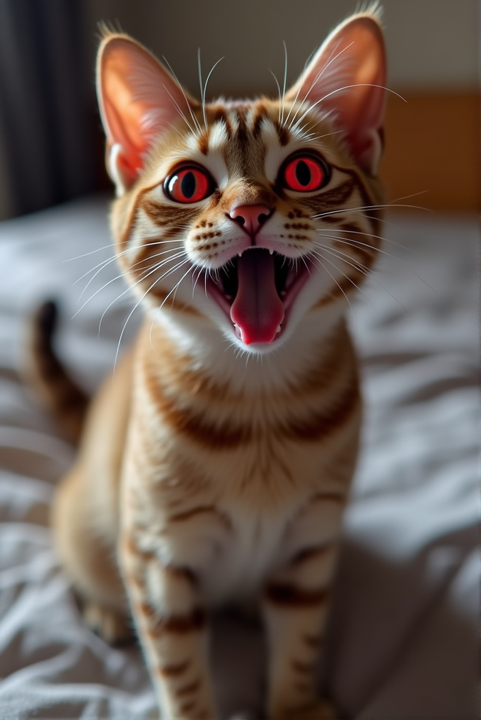 A cat with exaggerated, intense red eyes and an open mouth, sitting on a bed, giving a playful yet eerie expression.