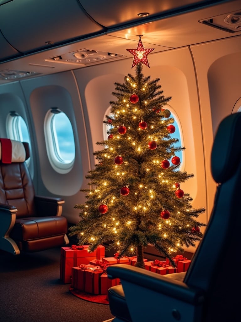 Christmas tree decorated with lights inside an airplane cabin with gifts underneath. Airplane seats visible. Cozy holiday atmosphere.