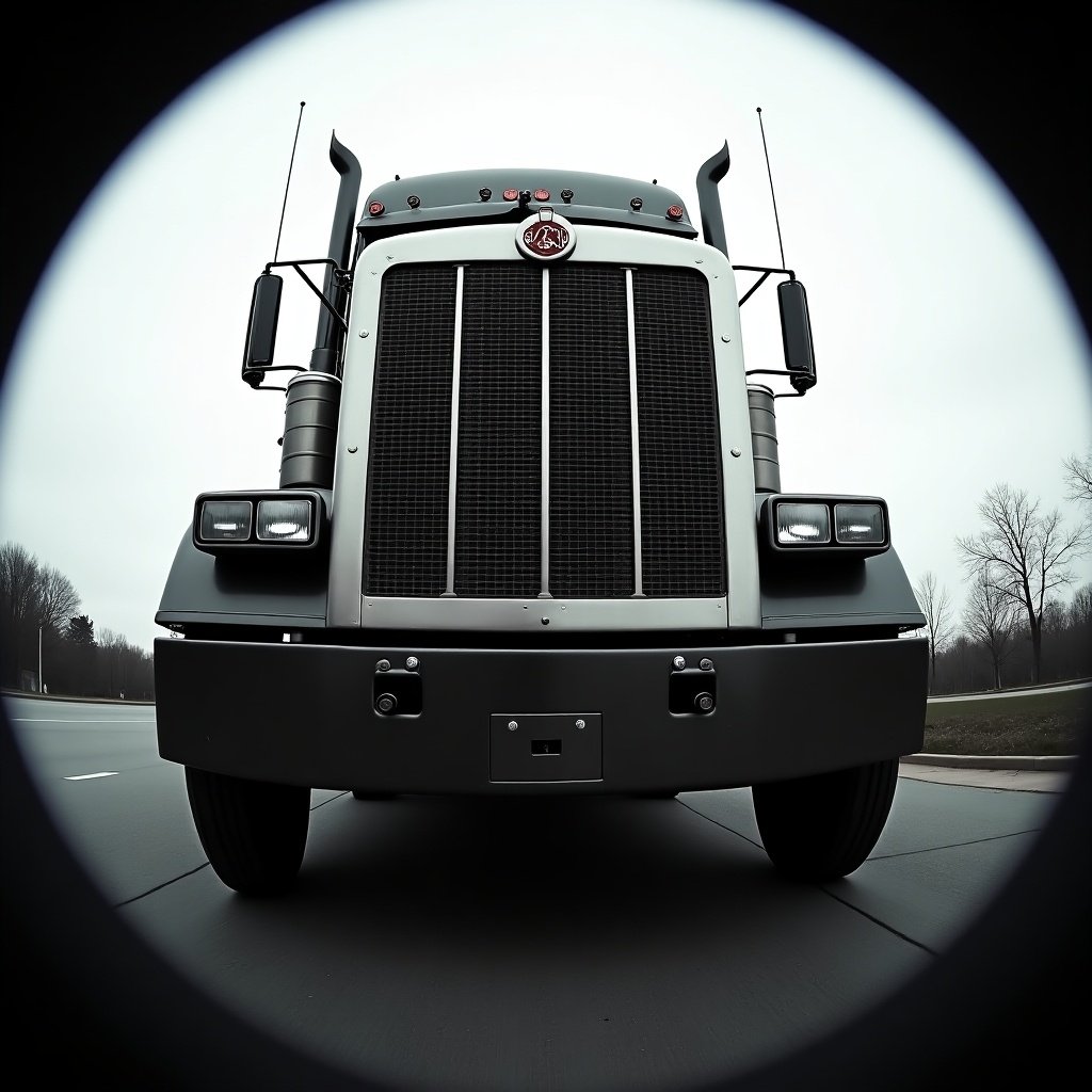 This image features a low angle perspective of a trailer truck captured using a fish-eye lens for dramatic effect. The frontal view showcases the truck’s robust grill and imposing headlights. Heavy contrast enhances its grand appearance, making it look even more intimidating. The overcast lighting adds to the overall moodiness of the scene. This image perfectly conveys the power and presence of a heavy-duty vehicle in the transportation industry.