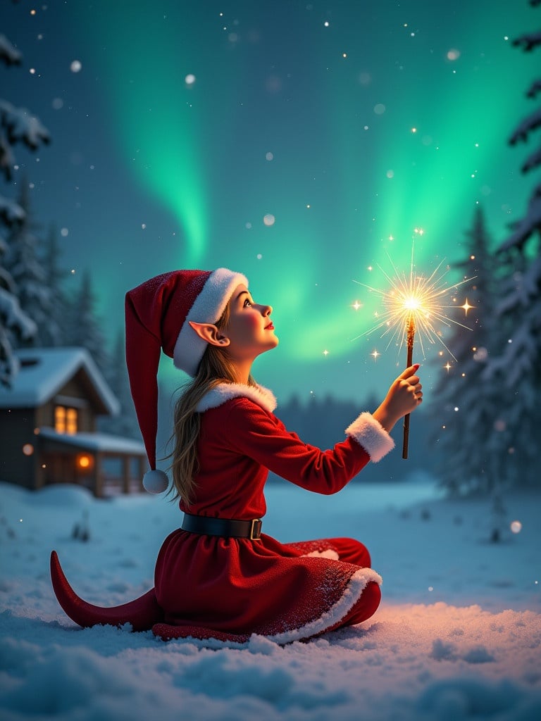 Elf girl in red dress holding glowing wand. Shimmering northern lights in background. Cozy house visible in distance. Snow covers ground. Elf radiates Christmas magic and wonder. Name 'Maddie' appears magically from wand.