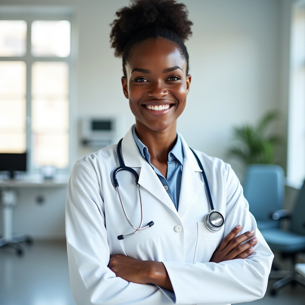 A confident black female doctor stands in a modern medical clinic. She is wearing a white coat and has a stethoscope around his neck. The doctor has a friendly smile and appears approachable. The background features clinical equipment and bright windows creating a welcoming environment. This image embodies professionalism and care in healthcare settings.