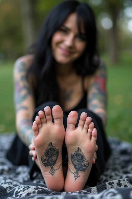 Mature goth woman shows tattooed soles of bare feet. She sits on a blanket outdoors. The image emphasizes her feet with clear tattoos. She is smiling.