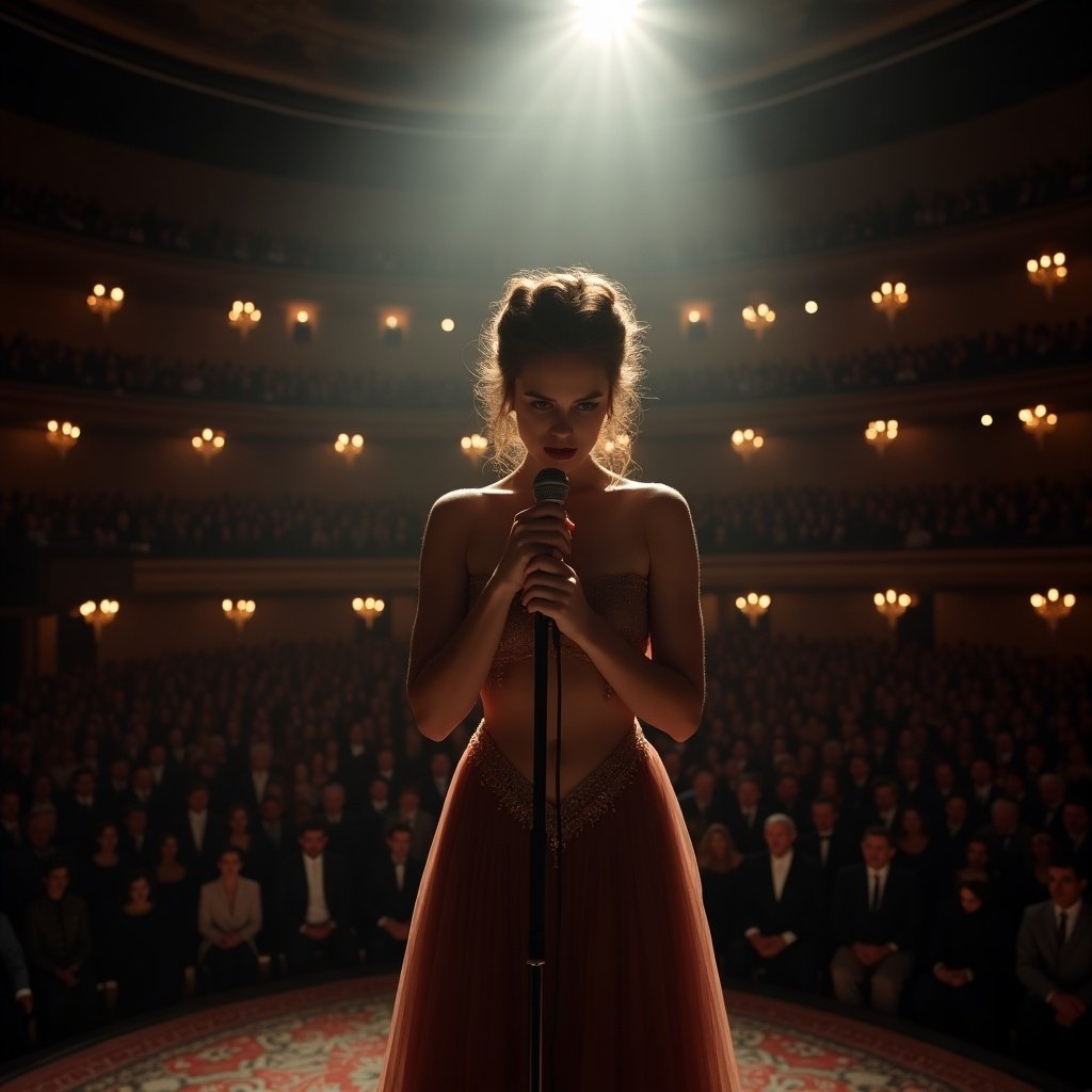 An opera singer stands on stage facing challenges. A spotlight shines down, illuminating the singer. The audience is visible, sitting in a grand theater setting.