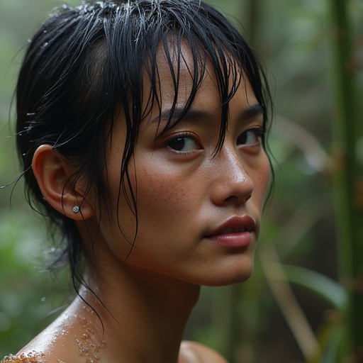 Close-up of wet skin with water droplets. Natural setting with green foliage. Soft lighting highlights skin texture. Evokes a sense of freshness and hydration.