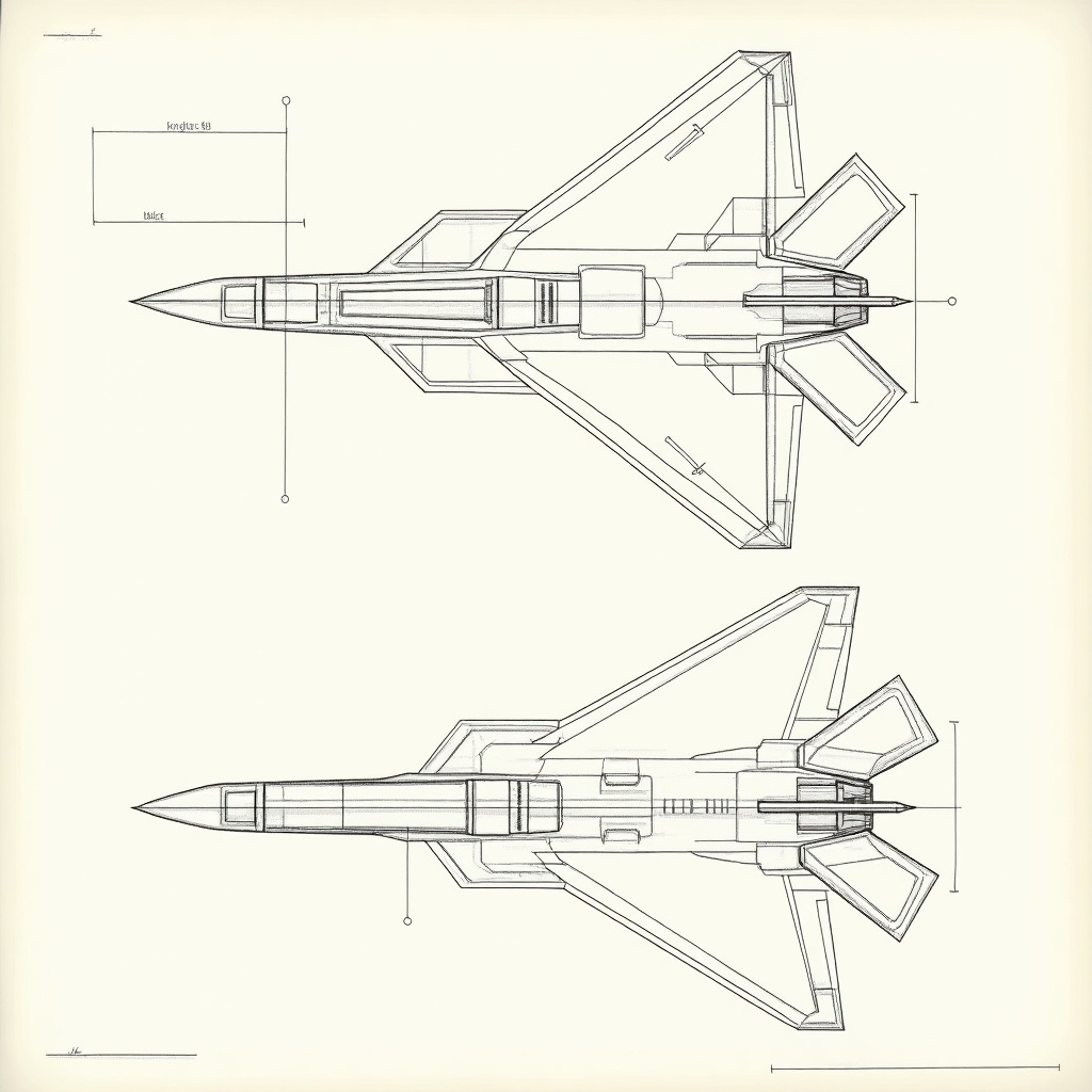 Engineering drawing of a stealth fighter airplane. Features orthographic views. Displays metric units dimensions. Highlights geometric features such as circles and angles. Shows notations for radii and diameters. Includes section for isometric sketch. Provides detailed measurements for manufacturing. Essential for engineers and designers.