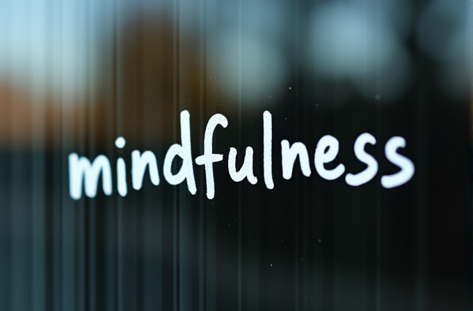 A blurred reflection features the word 'mindfulness' in white lowercase letters against a soft, darkened background.