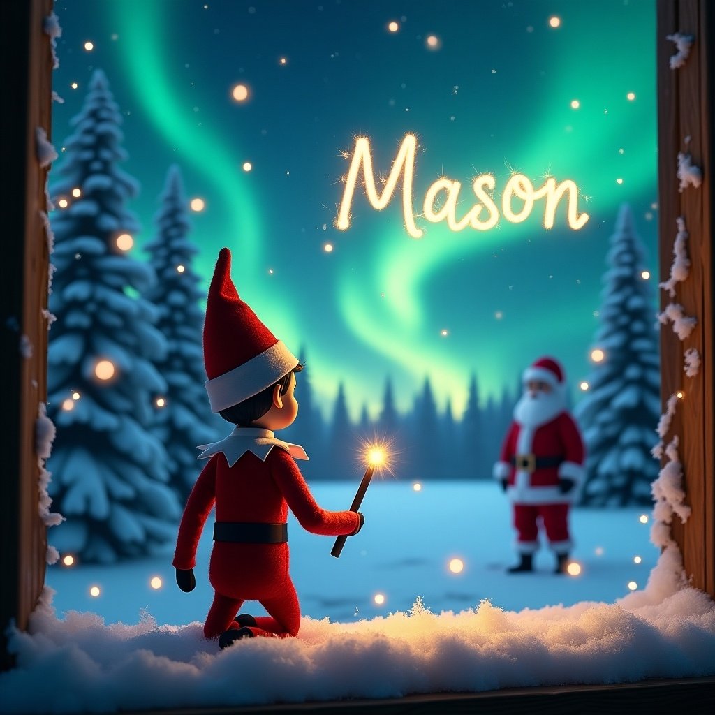 An elf on the shelf is seen with his back towards the viewer, gazing at a beautiful winter landscape. He holds a magic wand, using it to write the name 'Mason' in the sky. The background features mesmerizing northern lights illuminating the night, creating a magical ambiance. In the distance, Santa Claus stands amidst the snow-covered trees, adding to the enchanting atmosphere. The scene captures the essence of Christmas magic and wonder, inviting viewers into a whimsical holiday world. The elf also elegantly adds the names 'Nora' and 'Everett' in the same starry sky, showcasing the enchantment of the festive season.