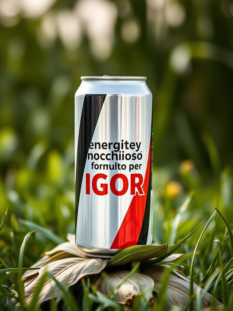 A sleek can of an energy drink labeled for 'IGOR' is positioned prominently on a bed of lush green grass. The color scheme on the can is minimalistic yet striking, featuring a combination of black, white, and red. It creates a vivid contrast against the natural background, giving a sense of energy and refreshment.