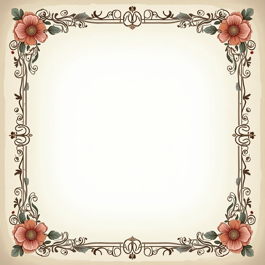 Illustration of a decorative card frame. Floral elements include soft pink flowers and green leaves. The design features elegant swirls and a blank space in the center for text.